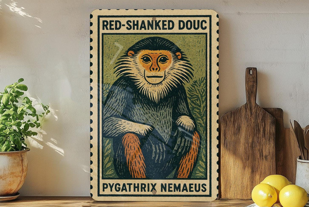 a framed illustration of a monkey, with the text "RED-SHANKED DOUC" and "PYGATHRIX NEMAEUS" printed on it. The monkey is sitting on a green background with a white border. The image is displayed on a shelf, with a potted plant, a wooden cutting board, and some lemons nearby.