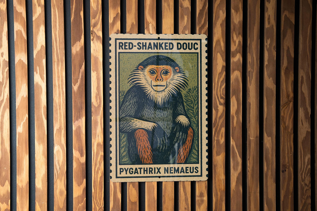 A vintage-style postage stamp featuring a monkey, with the text "RED-SHANKED DOUC" and "PYGATHRIX NEMAEUS" printed on it.