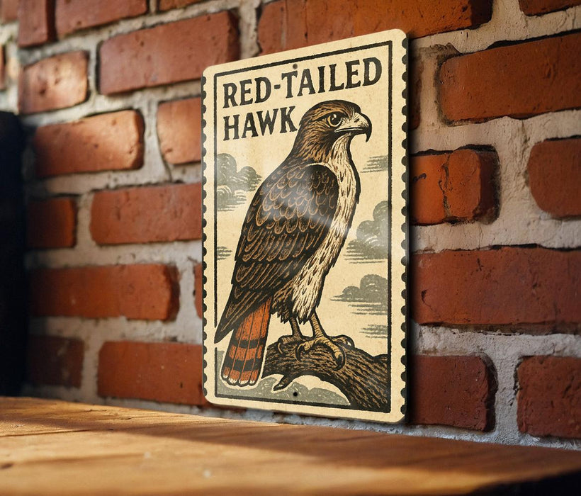 a wooden table with a framed illustration of a red-tailed hawk perched on a branch.