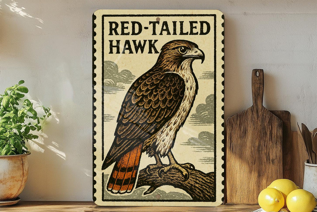 a framed illustration of a red-tailed hawk perched on a branch, with a wooden cutting board and a potted plant in the background.