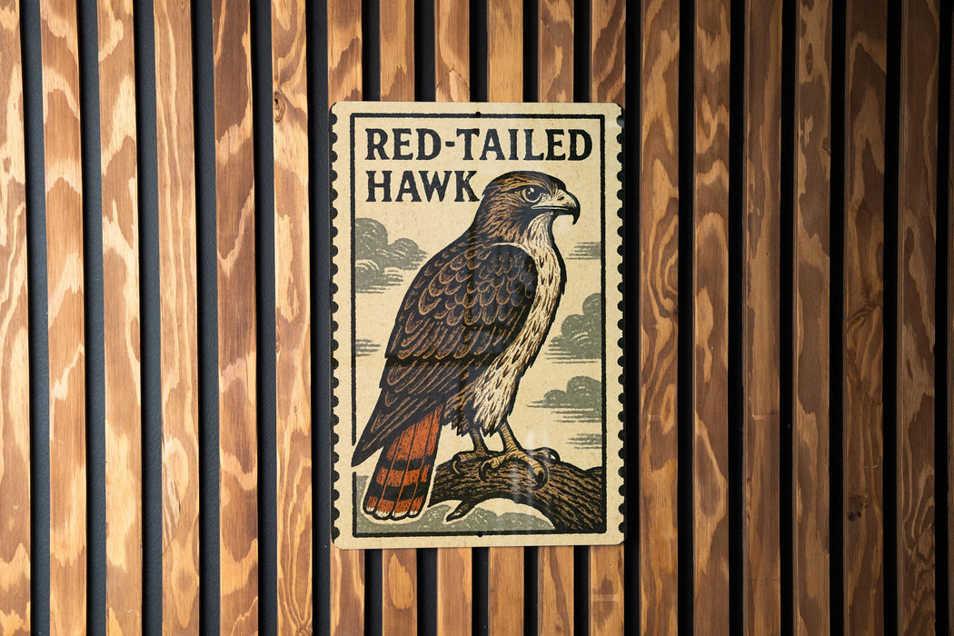 A framed image of a red-tailed hawk is displayed on a wooden wall.