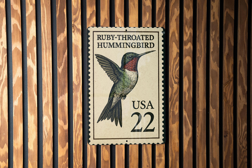 A postage stamp featuring a hummingbird, with the text "Ruby-throated Hummingbird" and the number "22" printed on it.