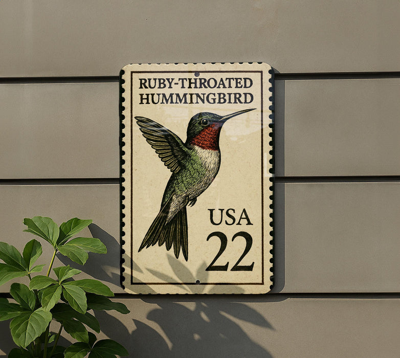 A postage stamp featuring a hummingbird, with the text "Ruby-Throated Hummingbird" and "USA 22" printed on it.