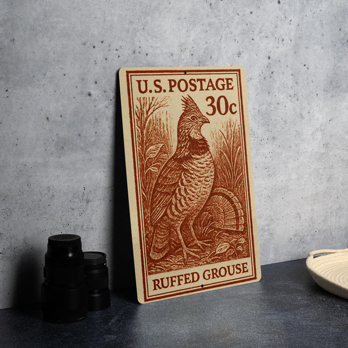 A U.S. postage stamp featuring a ruffed grouse, with the text "U.S. POSTAGE 30c" and "RUFFED GROUSE" printed on it.