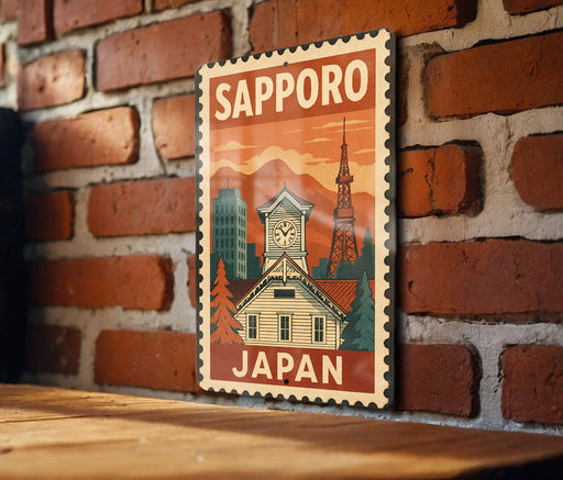 A vintage-style postage stamp featuring a cityscape and a clock tower, with the text "SAPPORO JAPAN" prominently displayed.