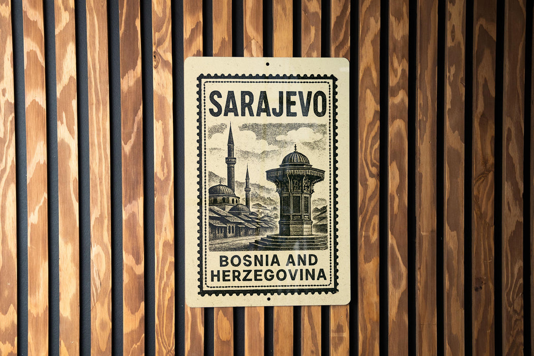 A vintage postage stamp from Sarajevo, Bosnia and Herzegovina, featuring a mosque and other architectural elements.