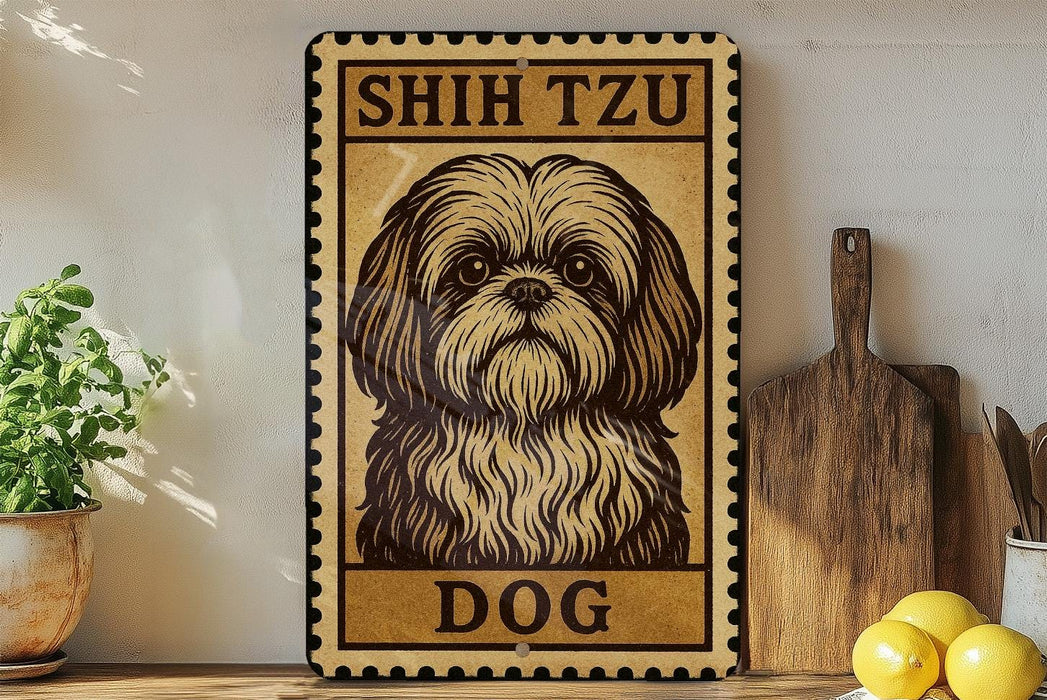 a sign with a dog illustration, placed on a shelf next to a wooden cutting board and some lemons.