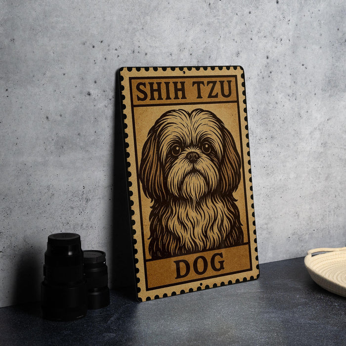 A metal sign featuring a stylized illustration of a Shih Tzu dog, with the text "SHIH TZU DOG" printed on it.