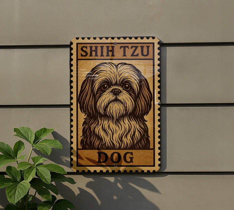 a sign with a dog illustration on it, mounted on a wall.