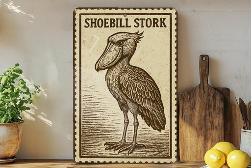 a wooden sign with a drawing of a bird, specifically a stork, and the text "Shoebill Stork" written on it. The sign is placed on a shelf next to a wooden cutting board and some lemons.