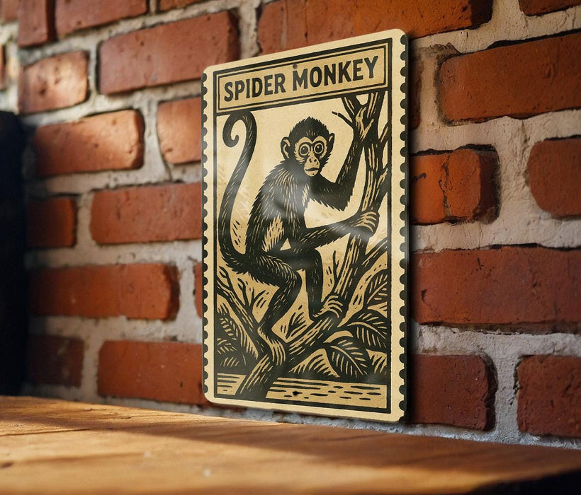 a wooden table with a framed illustration of a spider monkey on it, mounted on a brick wall.