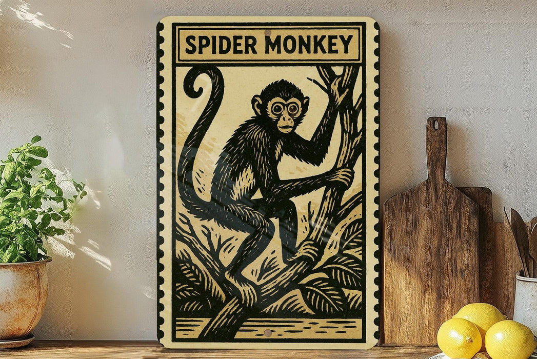 a framed illustration of a monkey sitting on a branch, with a potted plant to the left and a wooden cutting board to the right.