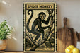 a framed illustration of a monkey sitting on a branch, with a potted plant to the left and a wooden cutting board to the right.
