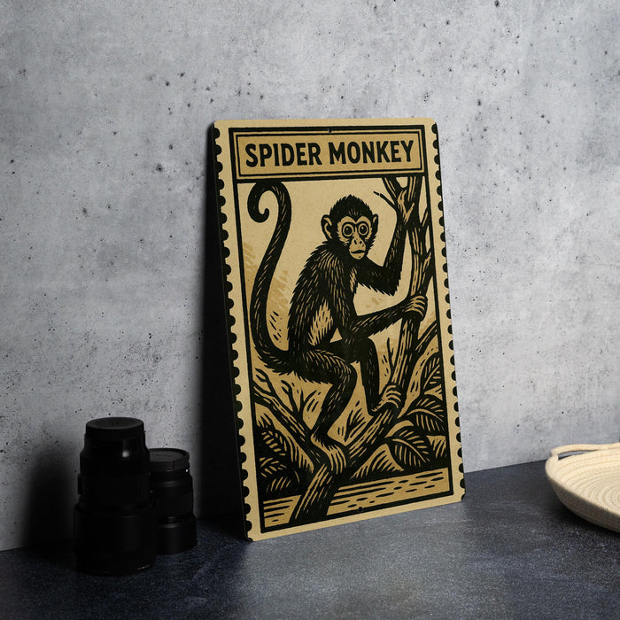 a wooden frame with a detailed illustration of a monkey sitting on a branch, accompanied by the text "SPIDER MONKEY" on the frame.