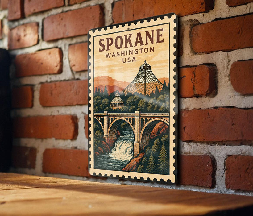 A wooden sign with a vintage-style illustration of a bridge and waterfall, mounted on a brick wall.