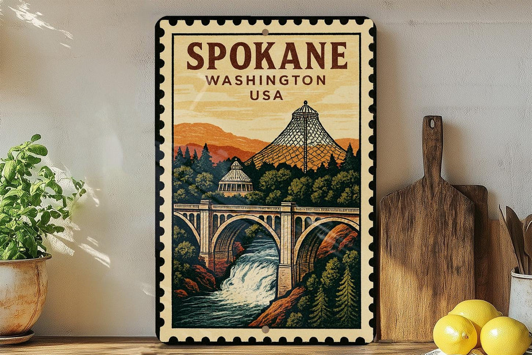 A framed vintage-style poster of the Spokane, Washington, USA bridge, featuring a scenic illustration of the bridge and surrounding landscape.