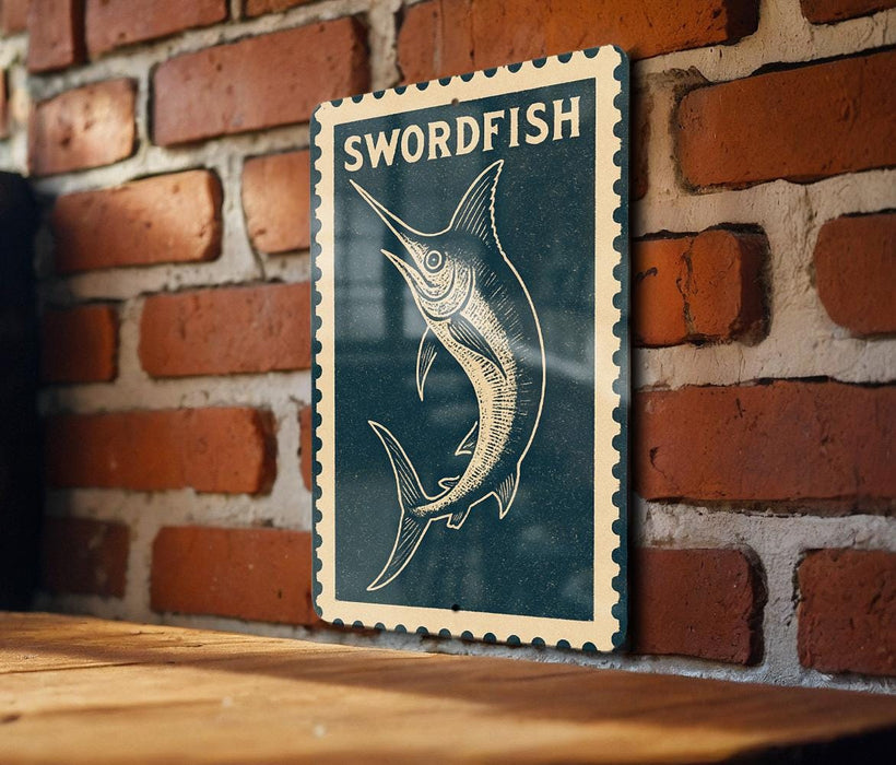 A framed image of a swordfish is displayed on a brick wall.