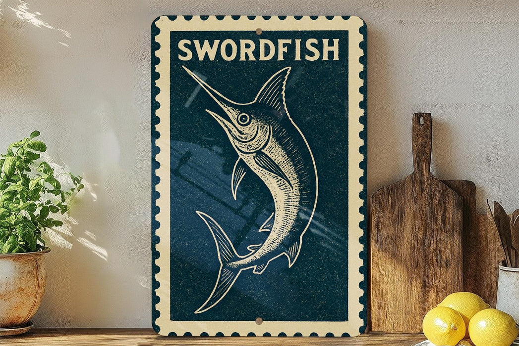 a blue and white sign with a swordfish illustration, placed on a wooden surface next to a wooden cutting board and some lemons.