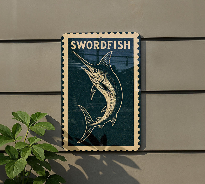 a swordfish graphic on a wall, with a plant to the left side.