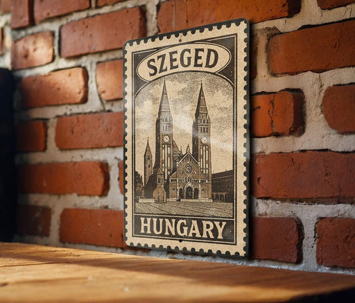 A vintage-style metal sign with the text "SZEGED HUNGARY" displayed on a brick wall.