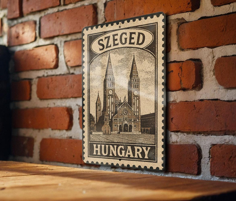 A vintage-style metal sign with the text "SZEGED HUNGARY" displayed on a brick wall.