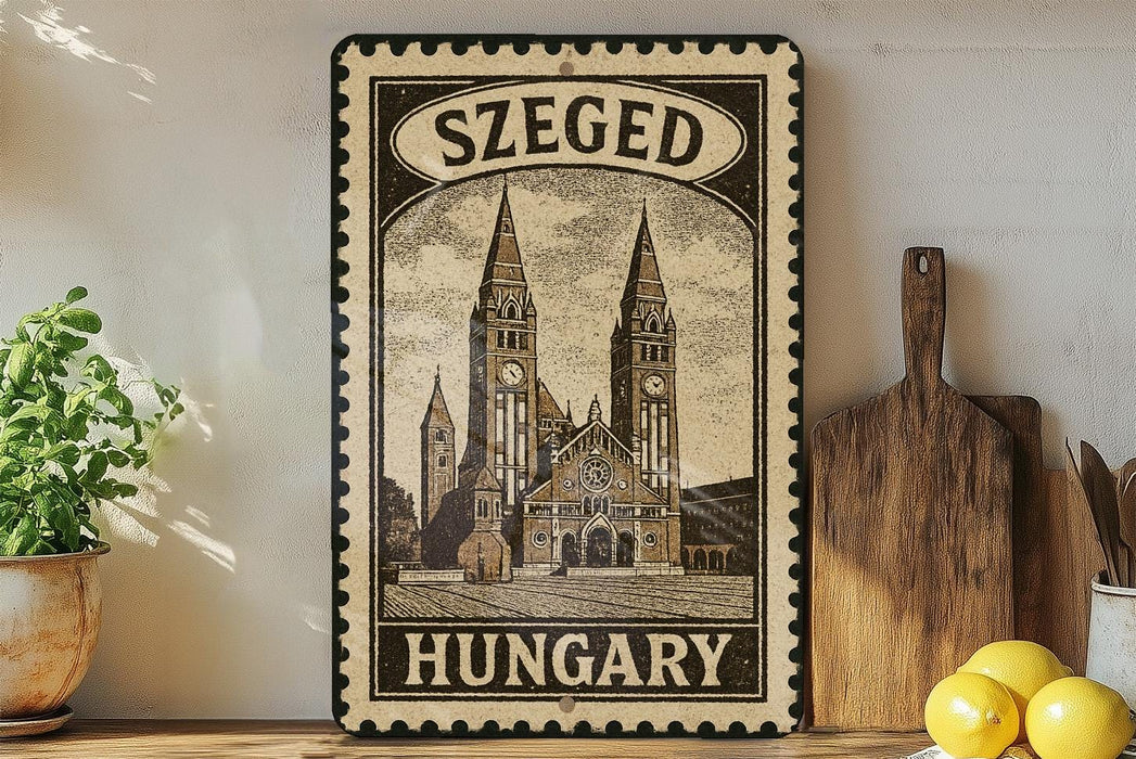 A vintage-style metal sign with a drawing of a church and the text "SZEGED HUNGARY" is displayed on a shelf, accompanied by a potted plant, a wooden cutting board, and some lemons.