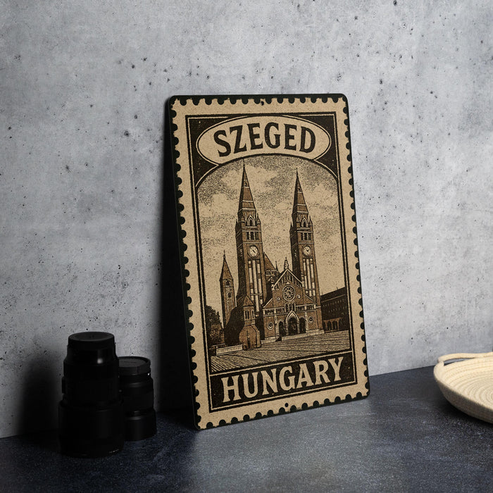 A metal sign with the text "SZEGED HUNGARY" and an illustration of a church, placed on a table next to some black camera lenses.