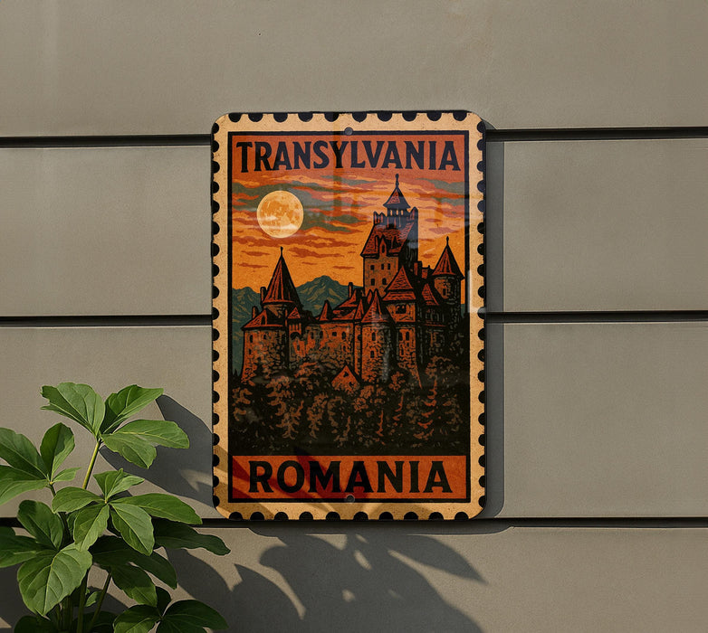 A vintage-style poster of Transylvania, featuring a castle and a full moon, is displayed on a wall.