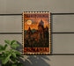 A vintage-style poster of Transylvania, featuring a castle and a full moon, is displayed on a wall.