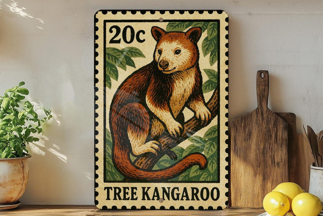 A 20c postage stamp featuring a tree kangaroo, with a wooden cutting board and lemons in the background.