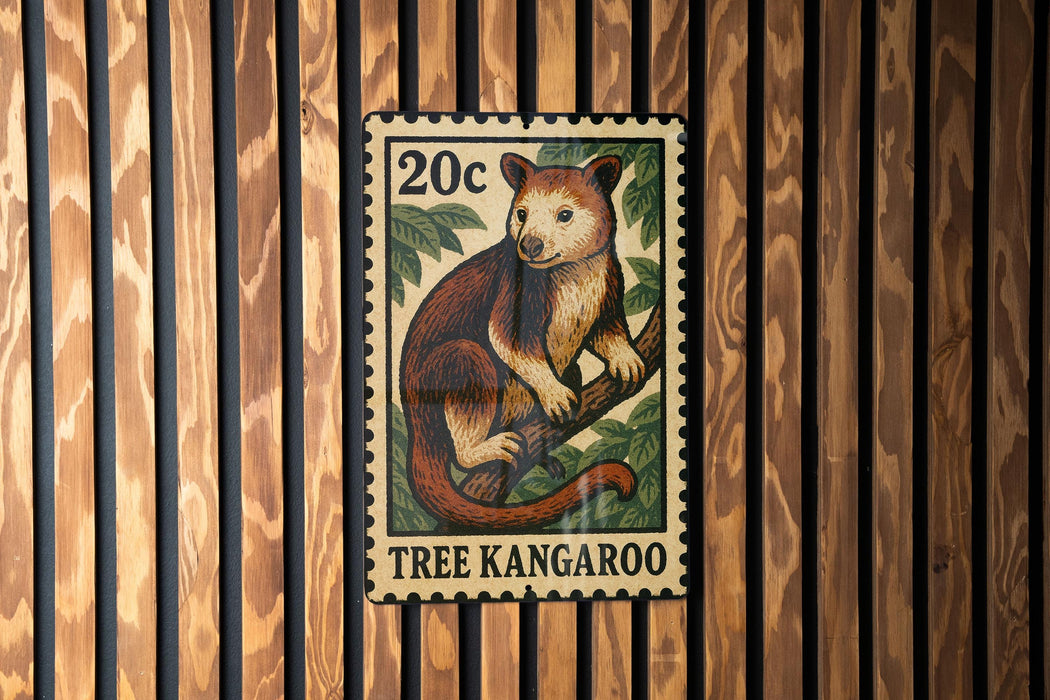 A 20c postage stamp featuring a kangaroo, mounted on a wooden wall.