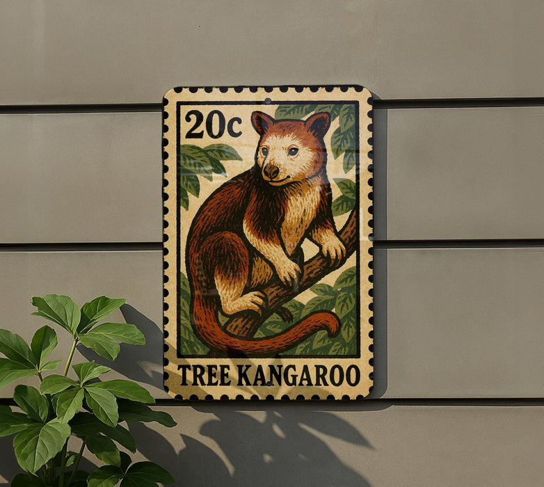 A tree kangaroo stamp is displayed on a wall, with a plant in the foreground.