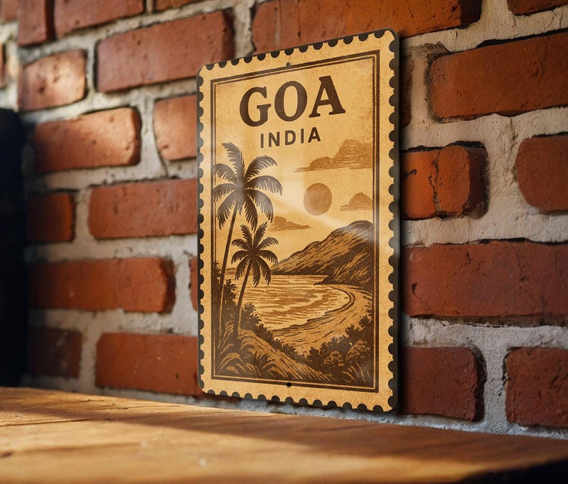 a vintage-style stamp or sign with the text "GOA INDIA" and a tropical landscape depicting palm trees, mountains, and a beach.