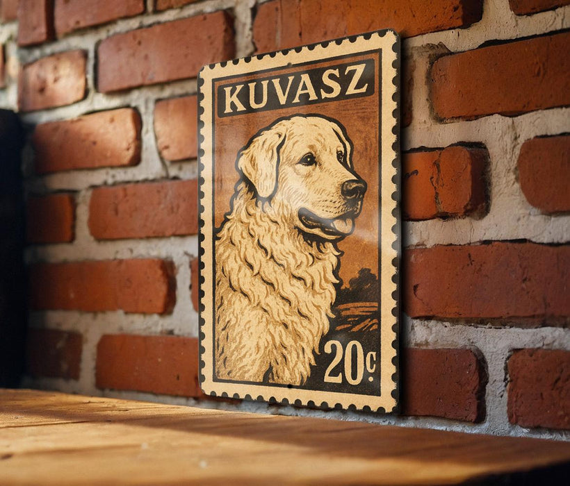 A wooden table with a wooden frame displaying a framed illustration of a golden retriever dog.
