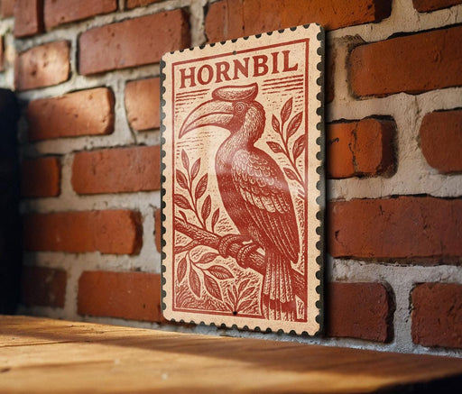 a wooden frame with a red and white stamp-like design on it, mounted on a brick wall.