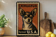 A vintage-style metal sign featuring a chihuahua dog, with the text "CHIHUAHUA forever U.S.A." displayed prominently.