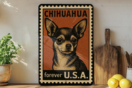 A vintage-style metal sign featuring a chihuahua dog, with the text "CHIHUAHUA forever U.S.A." displayed prominently.