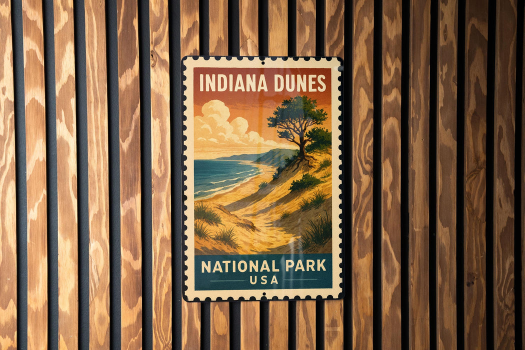 A vintage-style postage stamp featuring a scenic landscape of the Indiana Dunes National Park in the United States.