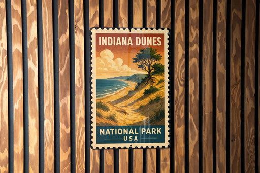 A vintage-style postage stamp featuring a scenic landscape of the Indiana Dunes National Park in the United States.