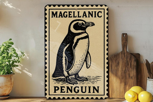 a penguin on a sign with the word "PENGUIN" below it.