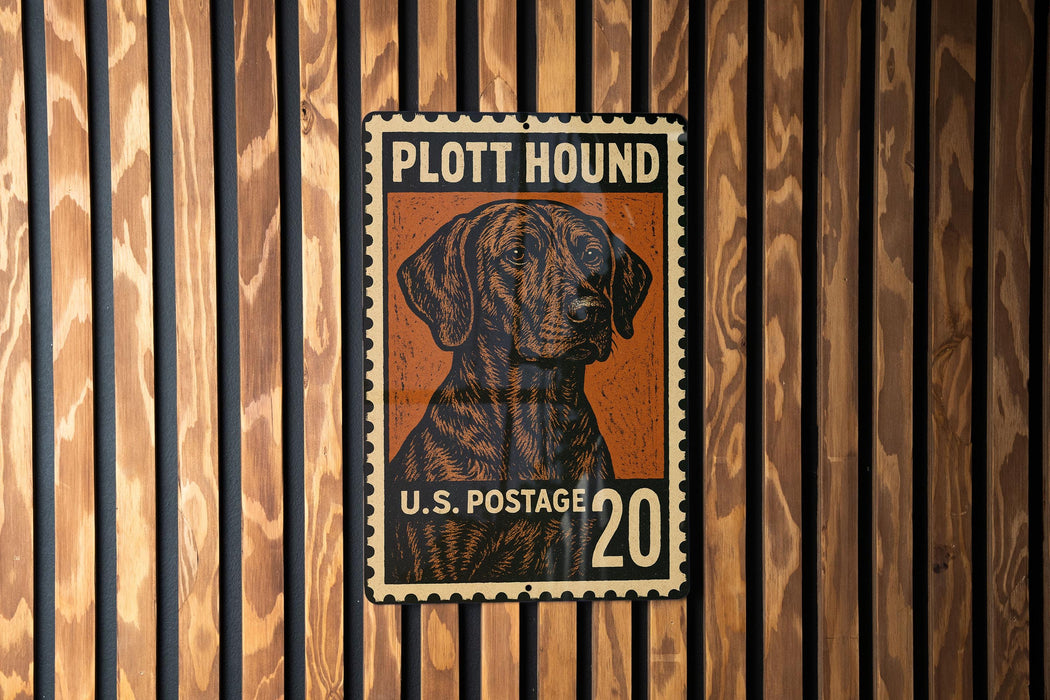 A U.S. postage stamp featuring a hound dog, mounted on a wooden wall.