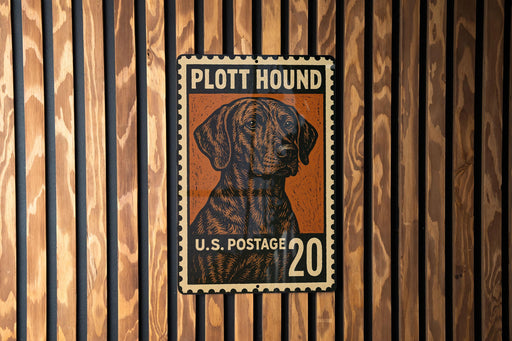 A U.S. postage stamp featuring a hound dog, mounted on a wooden wall.