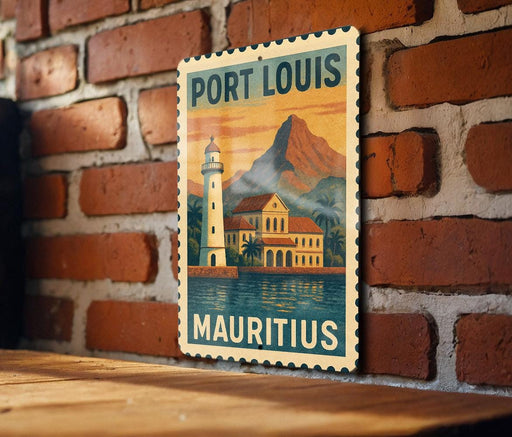 A vintage-style sign for Port Louis, Mauritius, featuring a lighthouse and a tropical island landscape.