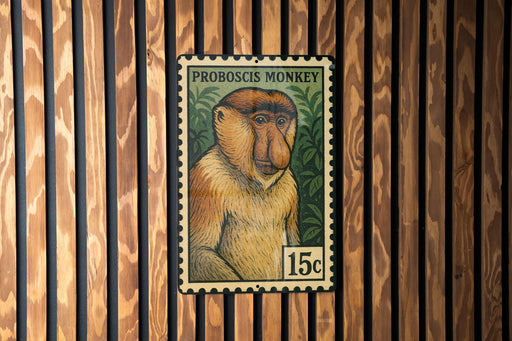 A postage stamp featuring a portrait of a proboscis monkey, which is a type of primate native to Southeast Asia.