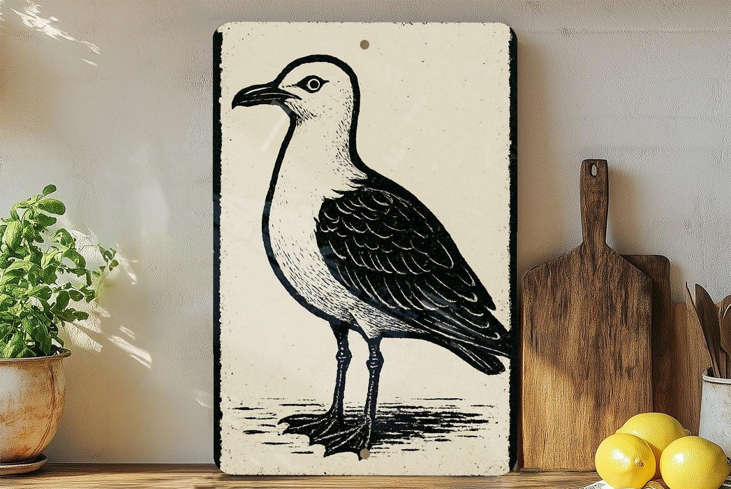 a black and white illustration of a seagull standing on a wooden surface, with a potted plant to the left and a wooden cutting board to the right.