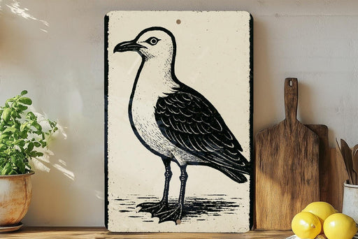 a black and white illustration of a seagull standing on a wooden surface, with a potted plant to the left and a wooden cutting board to the right.