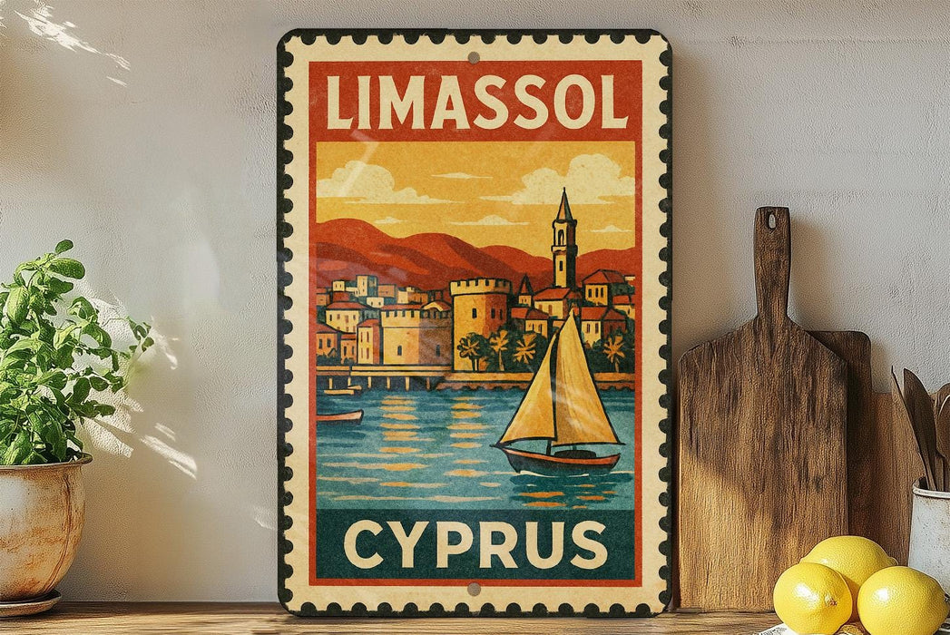a vintage-style metal sign with a colorful illustration of a sailboat on a body of water, surrounded by buildings and mountains, with the text "LIMASSOL" and "CYPRUS" prominently displayed.