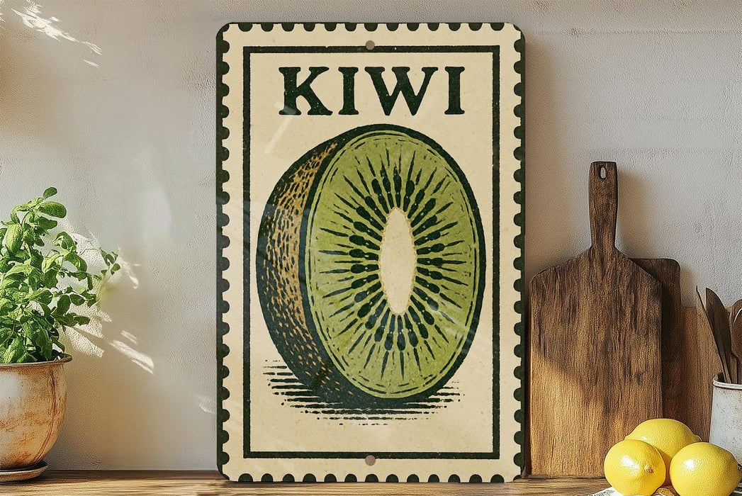 A vintage-style sign featuring a kiwi fruit illustration is displayed on a shelf, accompanied by a wooden cutting board and a potted plant.