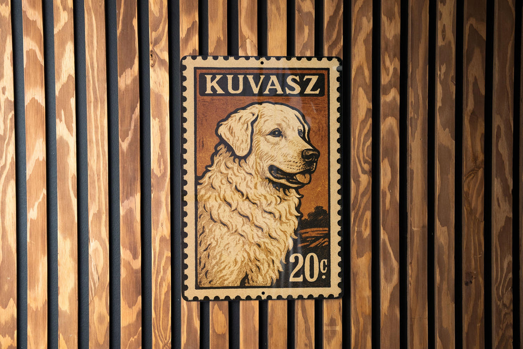 A metal stamp featuring a golden retriever dog on a wooden background.