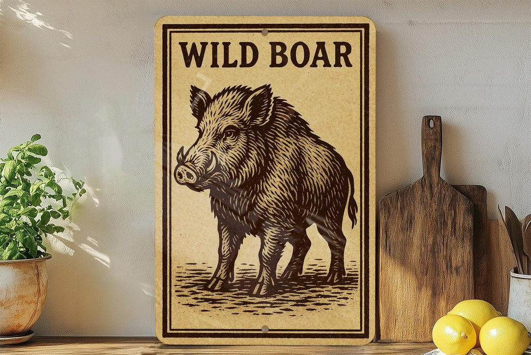 a wooden sign with a picture of a wild boar, placed on a shelf next to a wooden cutting board and some lemons.